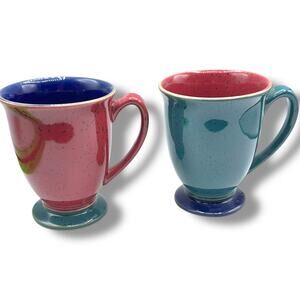 x2 Vintage Denby Harlequin England Classic Red & Green Coffee Mugs Speckled